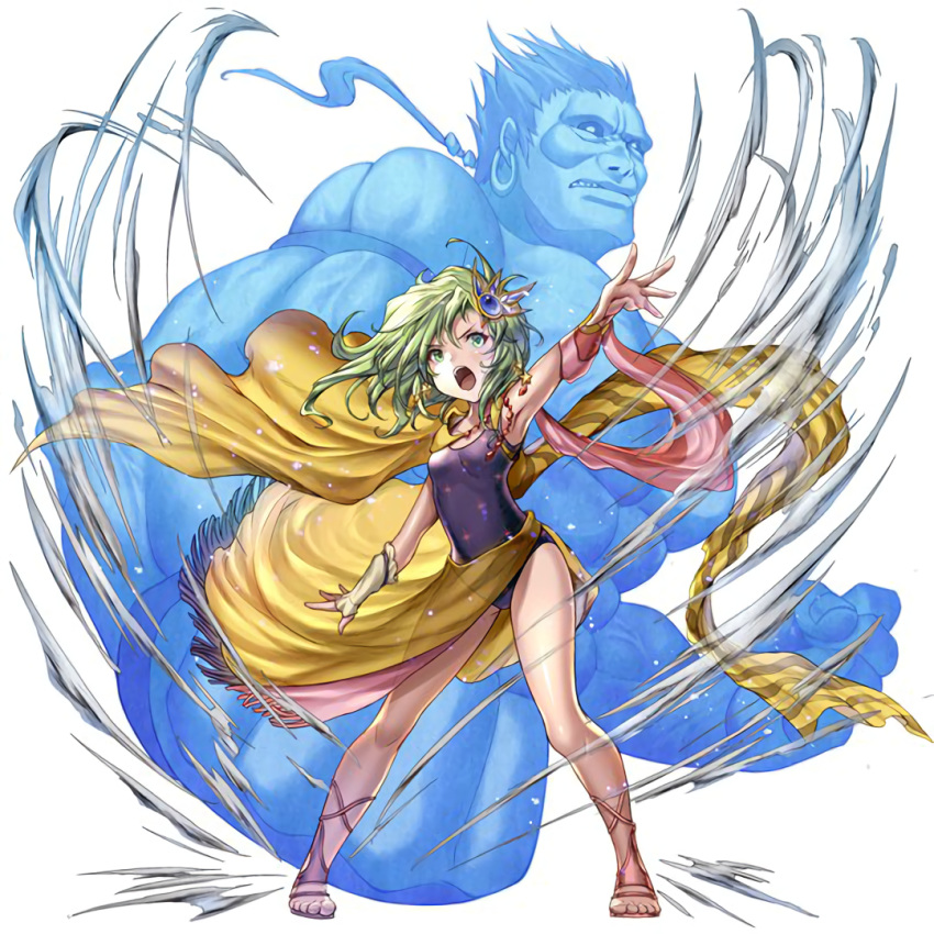 1girl arm_up armpits artist_request bracer cape child final_fantasy final_fantasy_iv fingerless_gloves gem gloves green_eyes green_hair hair_ornament leotard long_hair muscle navy_blue_leotard official_art open_mouth outstretched_arm rydia sandals sarong shouting single_glove source_request titan_(final_fantasy) wind wind_lift yellow_cape yellow_sarong
