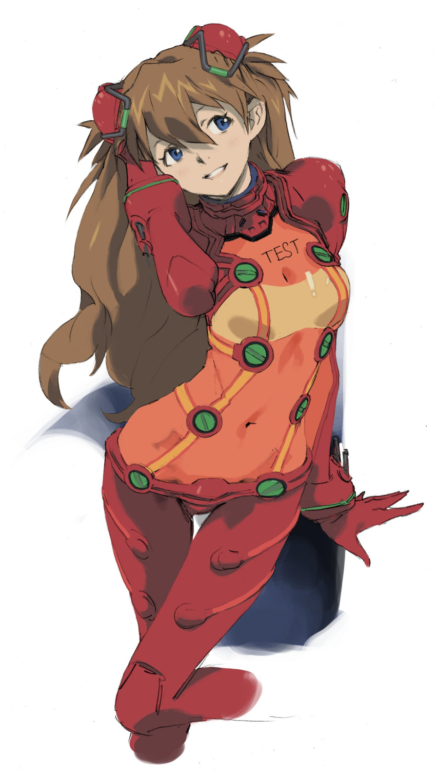 absurdres arm_at_side bangs blue_eyes blush bodysuit bracer breasts brown_hair clothes_writing covered_navel cropped_legs evangelion:_2.0_you_can_(not)_advance gloves grin hair_between_eyes hairpods hand_behind_head hand_up head_tilt headgear highres hips leaning_forward leg_lift leg_up legs_together long_hair looking_afar multicolored multicolored_bodysuit multicolored_clothes neon_genesis_evangelion orange_bodysuit parted_bangs pilot_suit plugsuit rebuild_of_evangelion red_bodysuit see-through shikinami_asuka_langley sideways_glance simple_background small_breasts smile solo souryuu_asuka_langley standing standing_on_one_leg test_plugsuit thigh_gap turtleneck two_side_up very_long_hair white_background yasuda_akira