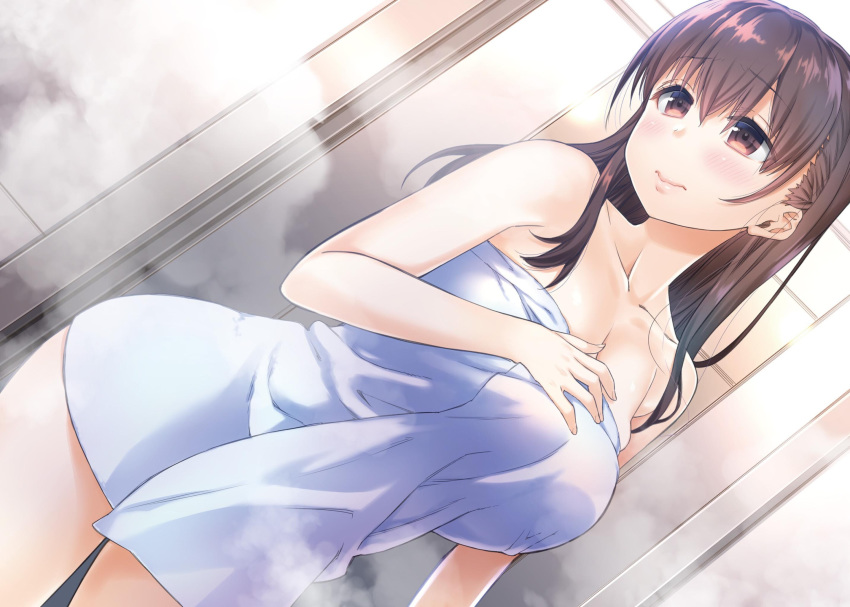 arm_at_side bangs bare_arms bare_legs bare_shoulders blush breasts brown_eyes brown_hair choppiri_toshiue_demo_kanojo_ni_shite_kuremasu_ka?_~suki_ni_natta_jk_wa_27_deshita~ cleavage closed_mouth collarbone cowboy_shot embarrassed eyebrows eyebrows_visible_through_hair eyelashes fingernails hair_between_eyes hand_up highres indoors large_breasts legs_apart lips long_fingernails long_hair naked_towel nanase_meruchi skindentation solo standing steam towel wavy_mouth white_towel