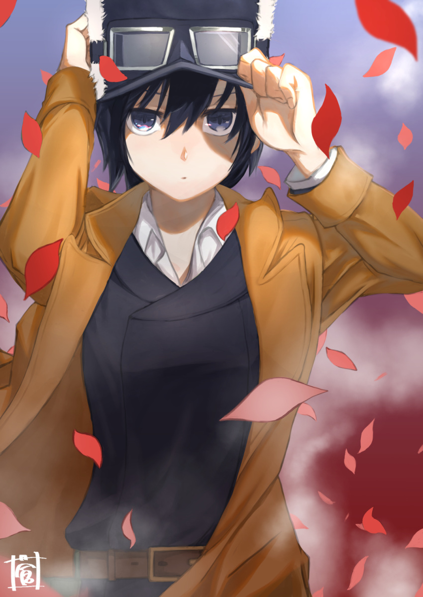 adjusting_clothes adjusting_hat bangs belt belt_buckle black_hair black_hat blue_eyes brown_belt buckle closed_mouth coat collared_shirt eyebrows fingernails goggles goggles_on_headwear hair_between_eyes hat highres kino kino_no_tabi long_sleeves open_clothes open_coat orange_coat petals shirt short_hair solo sou_(pale_1080) white_shirt