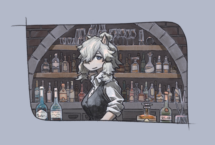 alpaca_ears alpaca_suri_(kemono_friends) alternate_costume animal_ears bartender black_vest blonde_hair blue_eyes bottle buttons closed_mouth collared_shirt commentary contemporary cup drinking_glass hair_over_one_eye highres indoors kemono_friends long_sleeves looking_at_viewer medium_hair pueblo shirt sleeves_rolled_up smile solo upper_body vest white_shirt wine_bottle wine_glass wing_collar