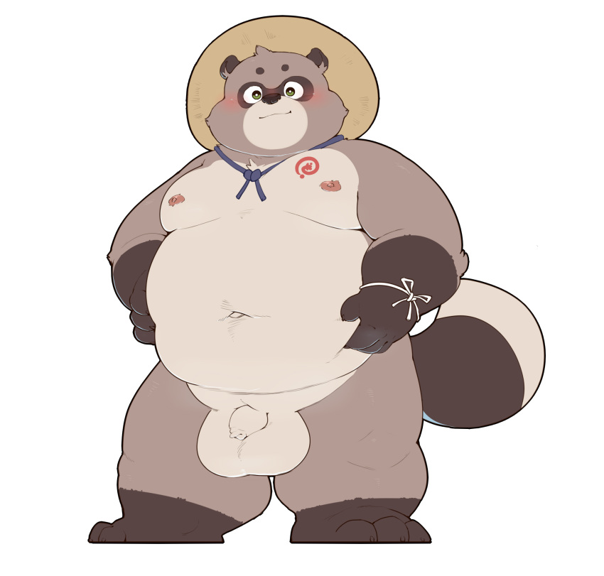 2018 anthro balls belly blush brown_fur canine fur hat male mammal navel nipples overweight overweight_male penis quanjiang simple_background solo straw_hat tanuki white_background