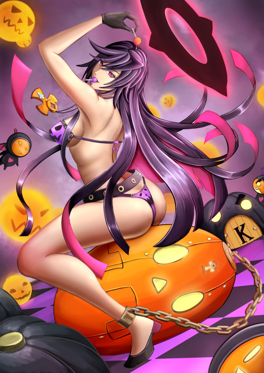 1girl alternate_color arc_system_works artist_request ass ball_and_chain ball_and_chain_restraint belt bikini breasts candy familiar gloves guilty_gear guilty_gear_xrd halo jack-o_(guilty_gear) large_breasts lollipop long_hair looking_at_viewer multicolored_hair pink_hair purple_eyes purple_hair sideboob smile thong thong_bikini two-tone_hair very_long_hair