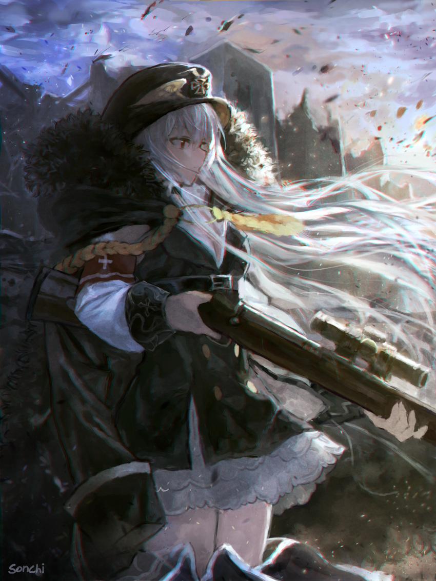 aiguillette armband bangs black_footwear black_hat black_skirt blue_sky bolt_action boots breasts cityscape cleavage cloud commentary_request day dress dust eyebrows_visible_through_hair floating_hair fur_trim girls_frontline gun hair_between_eyes hat highres iron_cross jacket_on_shoulders kar98k_(girls_frontline) lace lace-trimmed_dress light_particles long_hair mauser_98 medium_breasts outdoors peaked_cap red_eyes rifle signature skirt sky solo sonchi thigh_boots thighhighs thighs very_long_hair weapon white_dress white_hair wind wind_lift