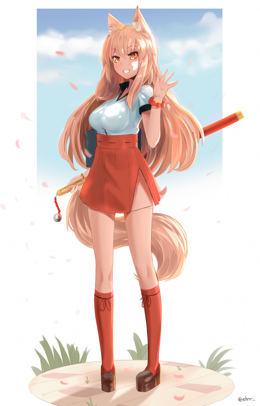 animal_ear_fluff animal_ears bag bangs bead_bracelet beads blonde_hair blue_sky blush bracelet breasts cloud commentary commission ehrrr english_commentary eyebrows_visible_through_hair fate/extra fate/extra_ccc fate/extra_ccc_fox_tail fate/grand_order fate_(series) fox_ears fox_tail full_body grin hair_between_eyes hakama_skirt high-waist_skirt highres jewelry kneehighs large_breasts long_hair looking_at_viewer medium_skirt orange_eyes outdoors petals platform_footwear red_legwear red_scrunchie red_skirt ribbon-trimmed_skirt ribbon_trim scrunchie sheath sheathed shirt shoes short_sleeves side_slit skirt sky smile solo standing suzuka_gozen_(fate) tail teeth tsurime twitter_username waving white_shirt wrist_scrunchie