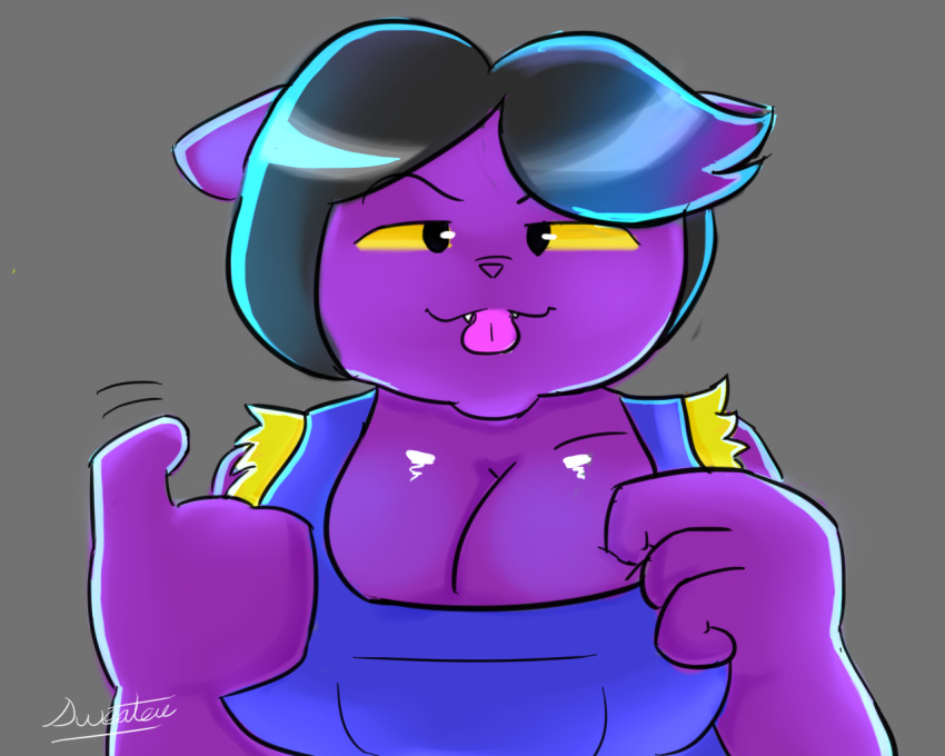 big_breasts breasts cat catty_(undertale) cleavage clothed clothing feline female grey_background hair invalid_color mammal multicolored_hair overalls simple_background sweater_pups_(artist) teasing tongue undertale video_games yellow_sclera
