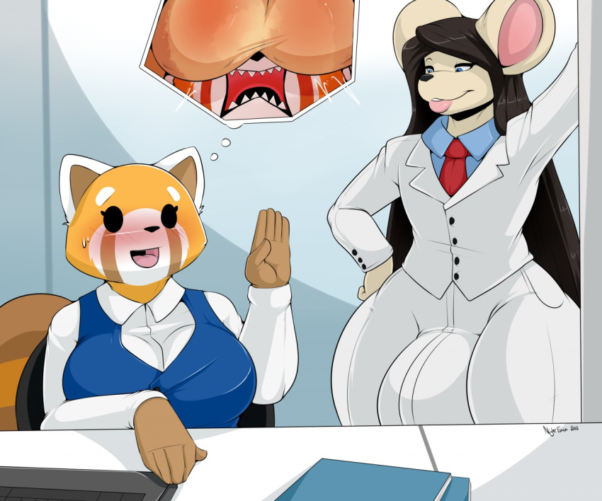 aggressive_retsuko anthro balls big_balls blush bulge clothed clothing duo female gang_xi_siyu girly huge_balls hyper hyper_balls hyper_bulge male male/female mammal mouse nightfaux open_mouth red_panda retsuko rodent sanrio sitting standing these_aren't_my_glasses thought_bubble