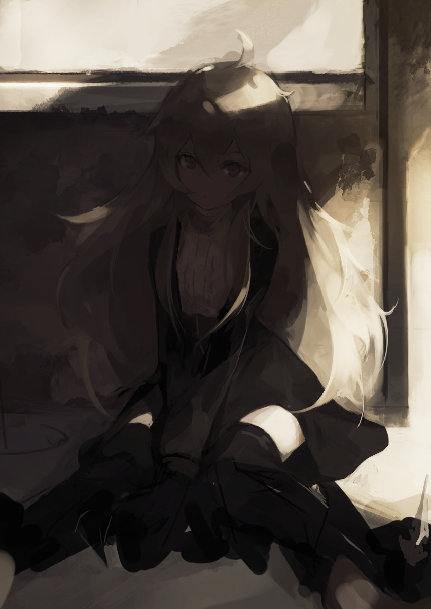 :o absurdres ahoge black_legwear blonde_hair gyup hair_between_eyes highres long_hair long_sleeves looking_at_viewer original parted_lips sitting solo sunlight thighhighs turtleneck