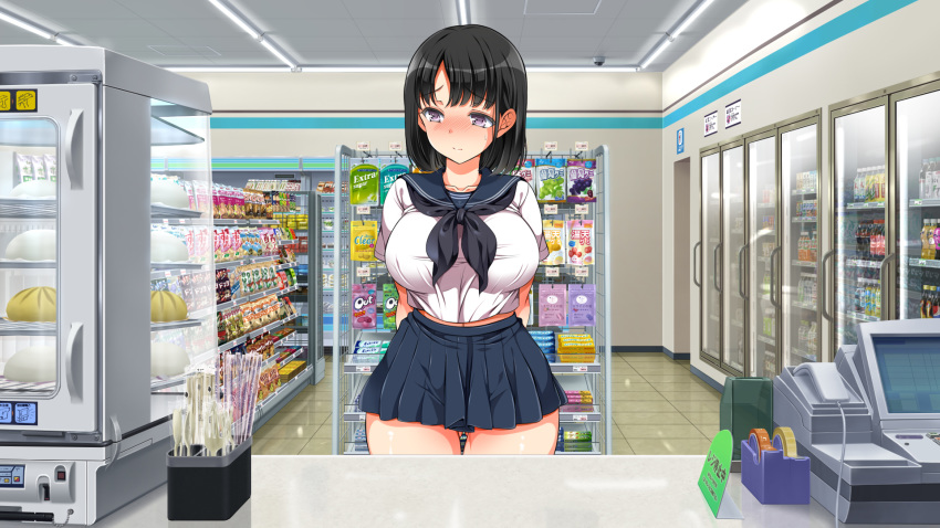 1girl aomizuan arms_behind_back black_hair blue_skirt blush bottle breasts ceiling closed_mouth embarrassed gluteal_fold highres indoors kotosanomaa large_breasts legs looking_down lucky_dosukebe!_kouhen nose_blush original phone purple_eyes sailor_collar school_uniform serafuku short_hair skirt solo standing store sweat sweatdrop thigh_gap thighs