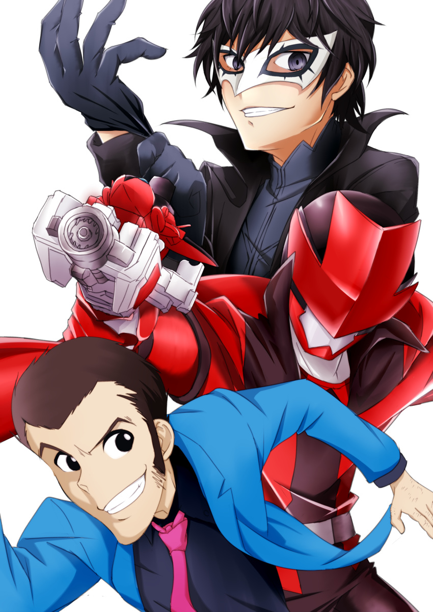 absurdres amamiya_ren arsene_lupin_iii blue_jacket bodysuit crossover glasses gloves highres jacket kaitou_sentai_lupinranger_vs._keisatsu_sentai_patranger lupin_iii lupinred male_focus minonn825 multiple_boys necktie persona persona_5 red_gloves season_connection super_sentai trait_connection vs_changer