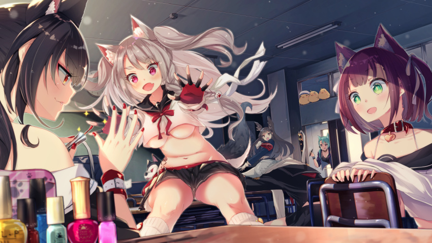 animal_ears aoba_(azur_lane) armband azur_lane breasts chair classroom collar commentary_request dog_ears fingerless_gloves fingernails gloves green_eyes hato_haru long_hair maya_(azur_lane) midriff multiple_girls myoukou_(azur_lane) nail_polish open_mouth peeking_out red_eyes school_uniform shigure_(azur_lane) shiratsuyu_(azur_lane) silver_hair sleeping tail underboob yuudachi_(azur_lane)