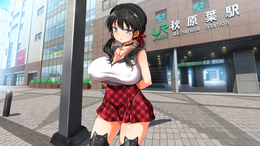 1girl aomizuan arms_behind_back bare_arms black_hair black_hat black_legwear blue_eyes breasts building choker city cleavage closed_mouth cowboy_shot hat highres huge_breasts impossible_clothes kotosanomaa legs long_hair looking_down lucky_dosukebe!_kouhen necklace original outdoors red_skirt skirt sleeveless solo standing thighhighs thighs twintails zettai_ryouiki