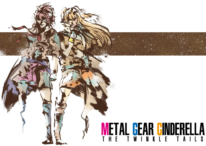 41_(taskmaster41) absurdres blonde_hair brown_vest clothes_around_waist commentary_request highres idolmaster idolmaster_cinderella_girls jougasaki_mika jougasaki_rika liquid_snake long_hair metal_gear_(series) metal_gear_solid multiple_girls parody partially_colored pink_hair pink_skirt red_ribbon ribbon shirt short_sleeves simple_background skirt solid_snake twintails vest white_shirt yellow_skirt yellow_wristband