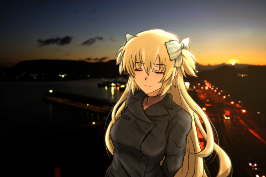 blonde_hair blue_eyes bow coat genya_(genya67) hair_bow hair_ribbon highres liz_hohenstein long_hair muvluv muvluv_alternative real_world_location ribbon schwarzesmarken sunset two_side_up