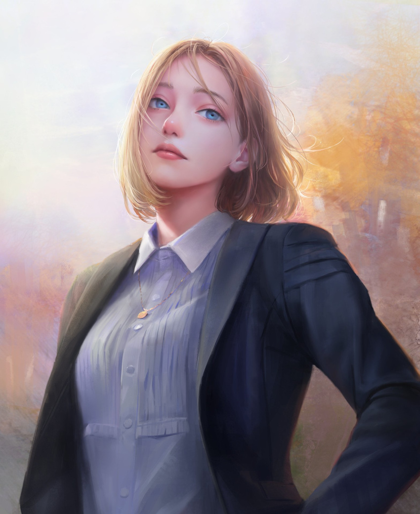 arata_yokoyama black_jacket blonde_hair blue_eyes blue_shirt breasts buttons closed_mouth collared_shirt commentary hand_on_hip head_tilt highres jacket long_sleeves looking_at_viewer medium_breasts original shirt short_hair solo suit_jacket upper_teeth wing_collar