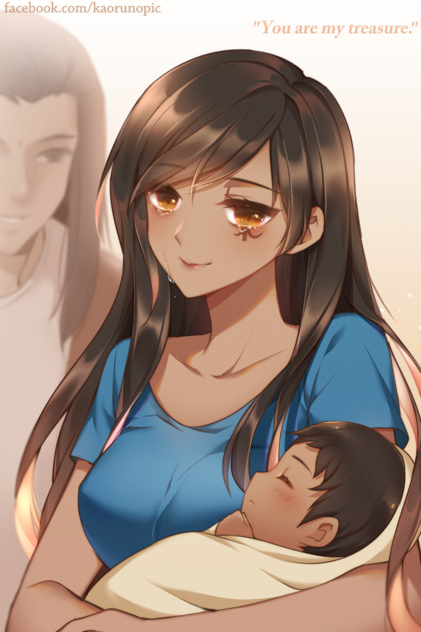 2girls ana_(overwatch) atobesakunolove baby bangs black_hair blue_shirt blurry breasts brown_eyes closed_eyes closed_mouth collarbone commentary cradling dark_skin english_commentary eye_of_horus eyebrows_visible_through_hair facebook_username facial_tattoo family grin hair_between_eyes happy highres husband_and_wife long_hair looking_at_viewer medium_breasts multiple_girls overwatch pharah_(overwatch) sam_(overwatch) shiny shiny_hair shirt short_sleeves smile swept_bangs tattoo tears upper_body vest watermark web_address white_vest younger