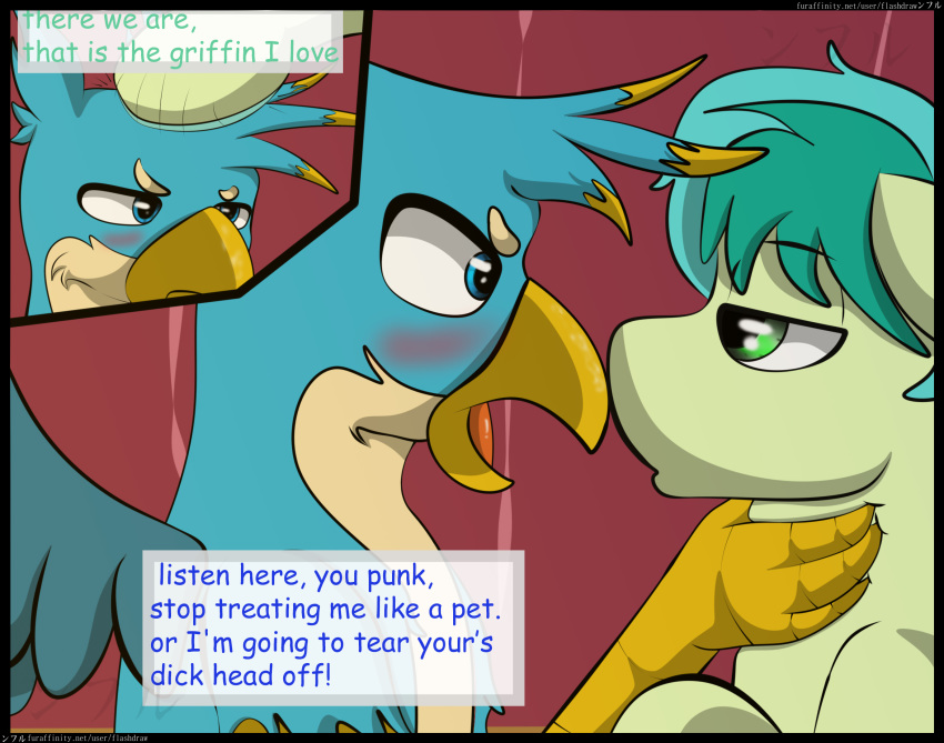 2018 angry avian blue_eyes blush comic cum dialogue digital_media_(artwork) earth_pony english_text equine flash_draw friendship_is_magic fur gallus_(mlp) gaming gryphon hair horse male male/male mammal my_little_pony open_mouth pony sandbar_(mlp) standing text