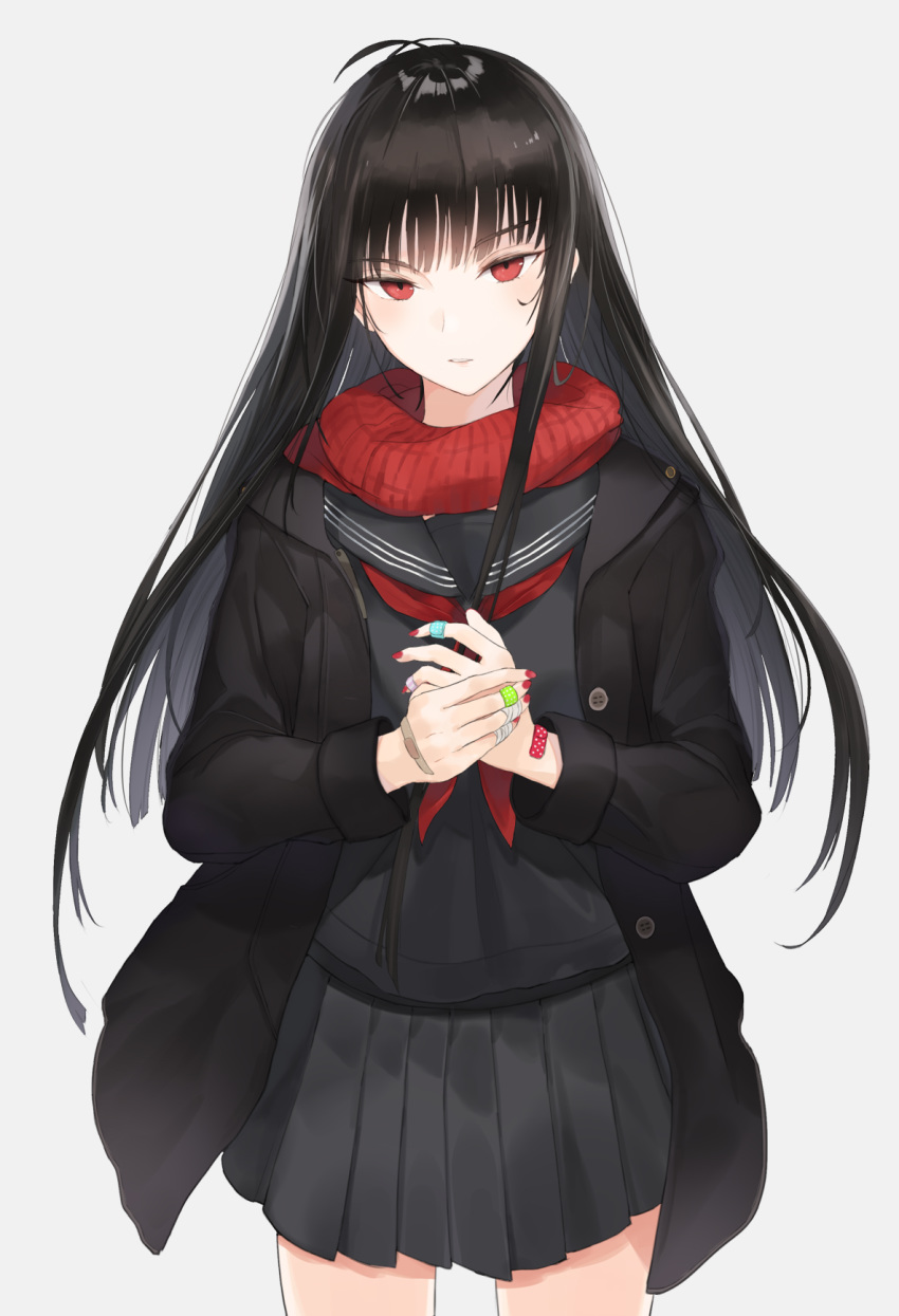 bandaid black_hair commentary highres jacket kachi long_hair looking_at_viewer nail_polish original parted_lips pleated_skirt red_eyes red_nails scarf school_uniform serafuku simple_background skirt solo white_background