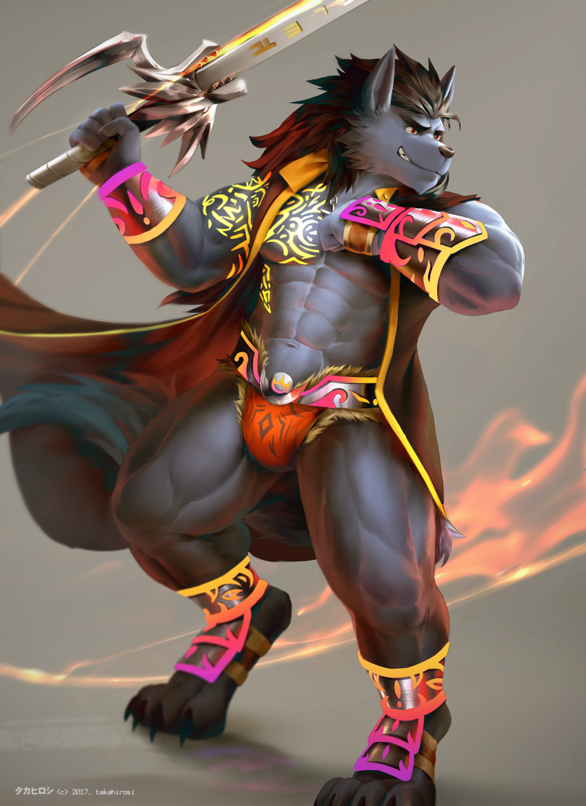 2017 abs anthro biceps bulge canine clothed clothing digital_media_(artwork) fur hair male mammal melee_weapon muscular muscular_male sword takahirosi tattoo underwear weapon wolf