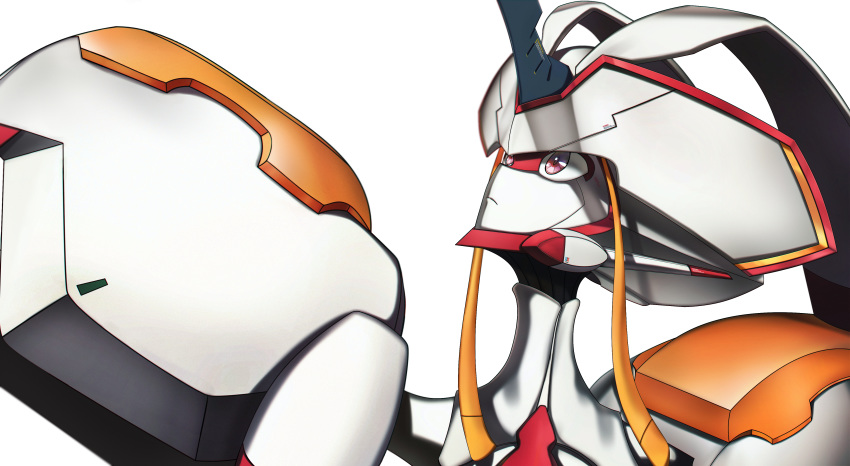 closed_mouth darling_in_the_franxx highres horns looking_up mecha murasaki_saki no_humans pink_eyes robot simple_background solo strelizia white_background