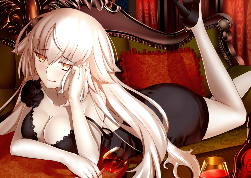 absurdres ahoge arm_support bangs black_dress blonde_hair breasts chaise_longue cleavage closed_mouth commentary_request cup dress drinking_glass eyebrows_visible_through_hair fate/grand_order fate_(series) fur_trim highres jeanne_d'arc_(alter)_(fate) jeanne_d'arc_(fate)_(all) legs_up light_smile long_hair paperfinger solo strap_slip wine_glass yellow_eyes