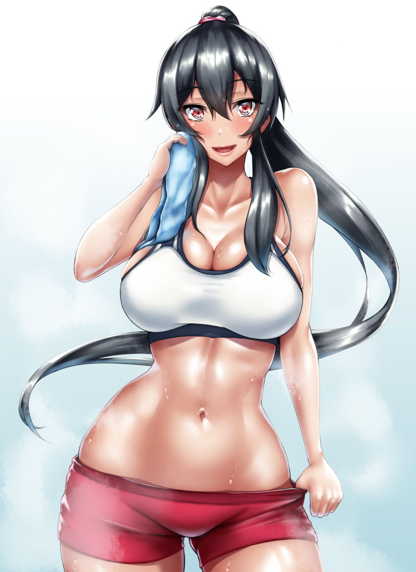 :d bare_shoulders black_hair blush breasts cleavage highres kantai_collection long_hair looking_at_viewer midriff navel open_mouth ponytail red_eyes simple_background sleeveless smile solo sweat tama_(tamakaka1031) towel very_long_hair white_background yahagi_(kantai_collection)