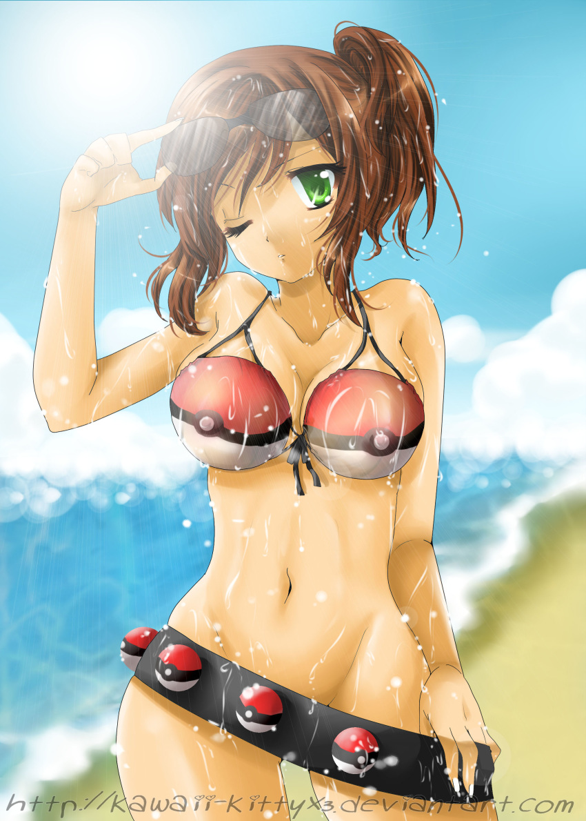 absurdres ass_visible_through_thighs bare_arms bare_shoulders beach belt beltskirt bikini blurry blurry_background brown_hair check_artist check_source contrapposto cowboy_shot day depth_of_field desireeu deviantart_username green_eyes hand_up highres kawaiikittyx3 looking_at_viewer navel no_panties ocean one_eye_closed one_side_up original outdoors poke_ball poke_ball_(generic) pokemon ponytail solo source_request standing sun sunglasses swimsuit swimwear watermark web_address wet