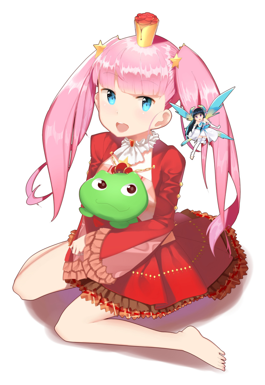 :d akane_garnet barefoot blue_eyes crown dress fairy full_body highres looking_at_viewer mini_crown open_mouth pink_hair purple_eyes red_dress sitting smile solo stuffed_animal stuffed_frog stuffed_toy tigersaber uchi_no_hime-sama_ga_ichiban_kawaii