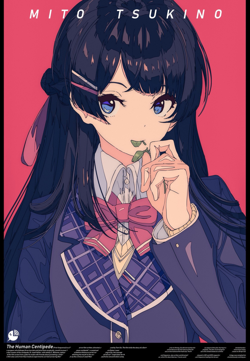 bangs black_hair black_jacket blazer blue_eyes bow bowtie character_name clover collared_shirt commentary dress_shirt eating english hair_ornament hairclip highres holding jacket kogecha_(coge_ch) long_hair long_sleeves mouth_hold nijisanji pink_background pink_neckwear shirt simple_background solo sweater the_human_centipede tsukino_mito very_long_hair virtual_youtuber white_shirt