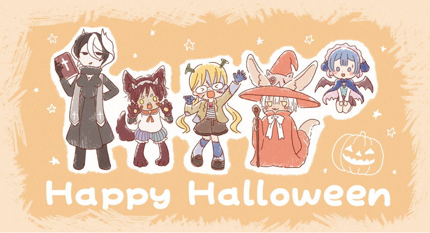 &gt;_&lt; 2boys 2girls :3 :d animal_ears barefoot bible black_pants black_skirt blue_capelet blush book brown_hair capelet ears_through_headwear english facing_viewer flying_sweatdrops furry glasses hairband halloween halloween_costume hand_on_hip happy_halloween hat highres holding holding_book jack-o'-lantern jacket jitome latin_cross looking_at_viewer made_in_abyss maruruk miya_(miyabio) multicolored_hair multiple_boys multiple_girls nanachi_(made_in_abyss) open_clothes open_jacket open_mouth outstretched_arms ozen pants pigeon-toed red_robe red_sailor_collar regu_(made_in_abyss) riko_(made_in_abyss) sailor_collar scar scar_across_eye school_uniform serafuku skirt smile staff surgical_scar sweatdrop tail two-tone_hair whistle whistle_around_neck white_hair wings witch_hat wolf_ears wolf_tail yellow_eyes zombie_pose