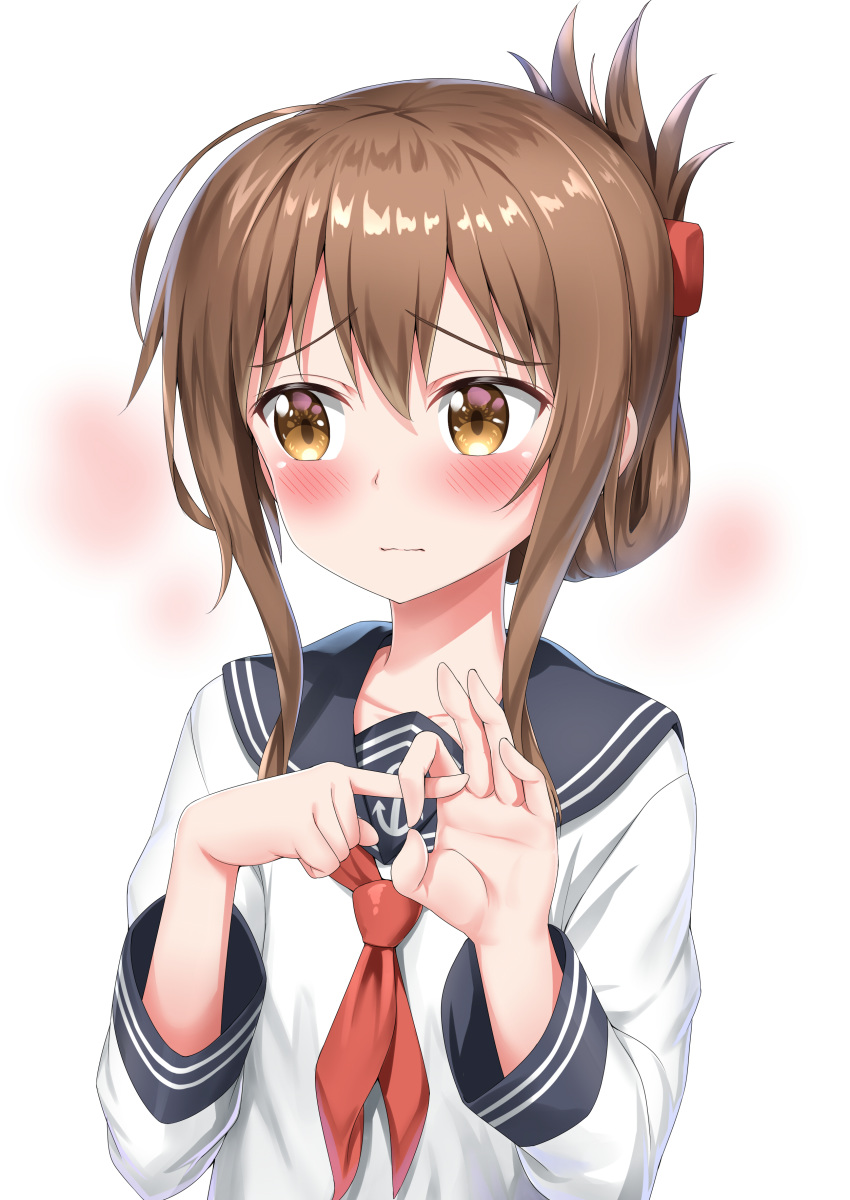 absurdres anchor_symbol bangs black_sailor_collar blush brown_hair closed_mouth eyebrows_visible_through_hair folded_ponytail gesture hair_between_eyes highres inazuma_(kantai_collection) kantai_collection long_hair looking_away looking_to_the_side neckerchief nedia_(nedia_region) penetration_gesture red_neckwear sailor_collar school_uniform serafuku solo upper_body white_background