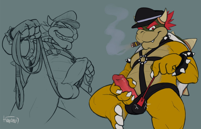 anthro balls bowser cigar collar erection harness hat haychel holding_penis koopa leash leather looking_at_viewer male mario_bros muscular muscular_male nintendo penis scalie signature smile solo spikes teeth video_games