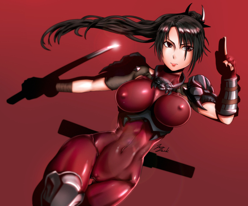 1girl arm_guards armor black_hair bodysuit breasts brown_eyes brown_hair cameltoe covered_navel curvy erect_nipples fingerless_gloves gloves japanese_armor large_breasts long_hair looking_at_viewer ninja nipples parted_lips ponytail red_background red_bodysuit shoulder_armor simple_background skin_tight skull solo soul_calibur soulcalibur_vi sword sword_behind_back taki_(soulcalibur) teeth thick_thighs thighs weapon