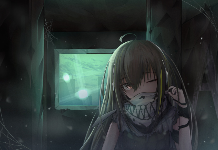 ahoge bandana bandana_over_mouth bangs brown_eyes brown_hair commentary eyebrows_visible_through_hair eyes_visible_through_hair girls_frontline gloves green_hair hair_between_eyes head_tilt headphones highres long_hair looking_at_viewer m4a1_(girls_frontline) multicolored_hair one_eye_closed ribbed_sweater scarf sidelocks silk snow snowing spider_web streaked_hair sweater sweater_vest sye torn_clothes window