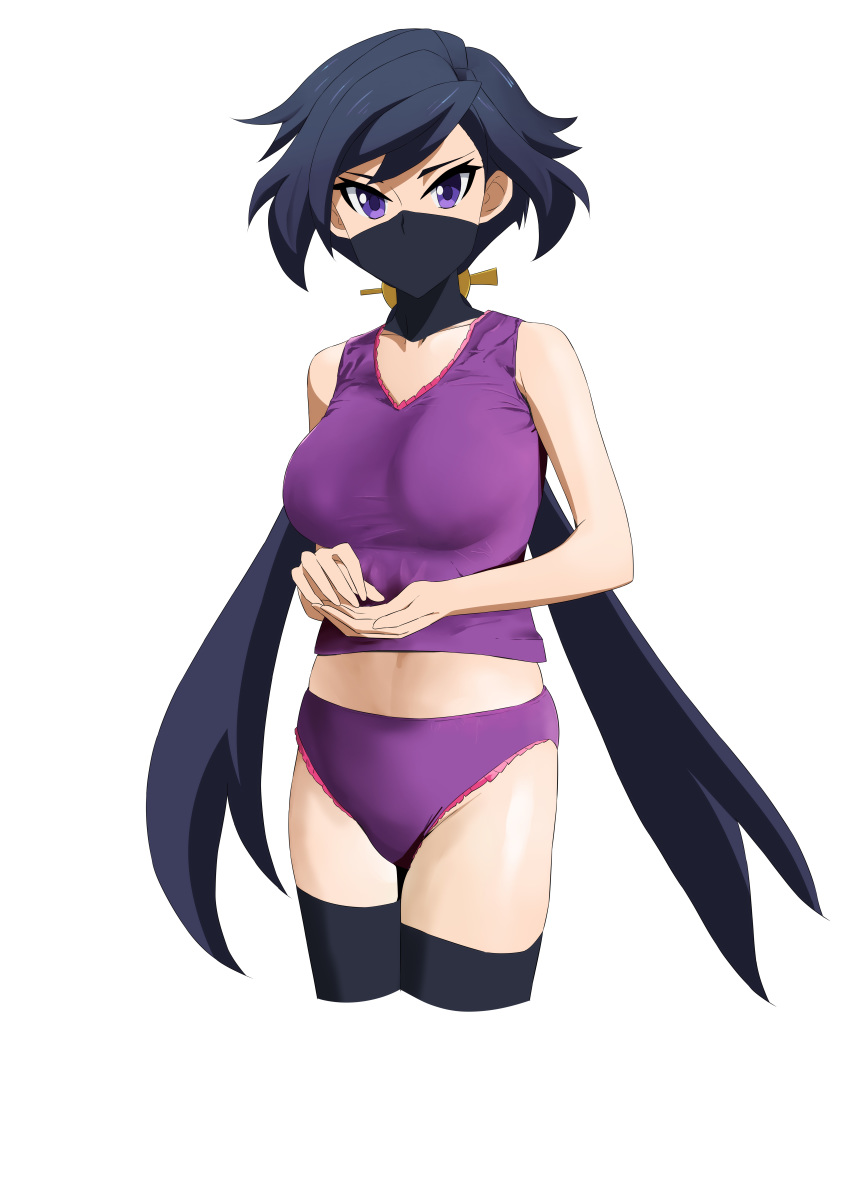 absurdres ayame_(gundam_build_divers) bangs black_hair black_legwear breasts covered_mouth cowboy_shot cropped_legs gundam gundam_build_divers hair_ornament hands_together highres large_breasts long_hair looking_at_viewer low_ponytail midriff ninja panties ponytail purple_eyes purple_panties purple_shirt shirt solo tank_top taut_clothes taut_shirt thighhighs tonotyama underwear underwear_only very_long_hair