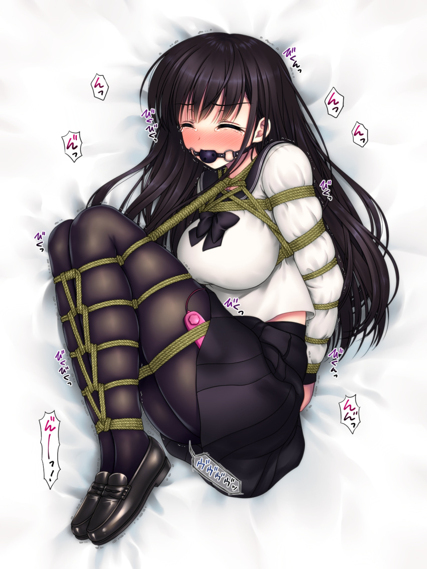 1girl arms_behind_back ball_gag bangs bdsm bed_sheet black_footwear black_hair black_legwear black_neckwear black_sailor_collar black_skirt blush bondage bound bound_arms bound_legs bow bowtie breasts controller embarrassed eyebrows_visible_through_hair eyes_closed female from_above gag gagged highres japanese_text legs_together long_hair long_sleeves lying medium_breasts miniskirt nose_blush on_side open_mouth original pantyhose pleated_skirt remote_control remote_control_vibrator rope sailor_collar sakurayashiki_nisei school_uniform serafuku shiny shiny_hair shirt shoes skindentation skirt solo speech_bubble tears translation_request trembling vibrator vibrator_cord vibrator_under_clothes white_background white_shirt