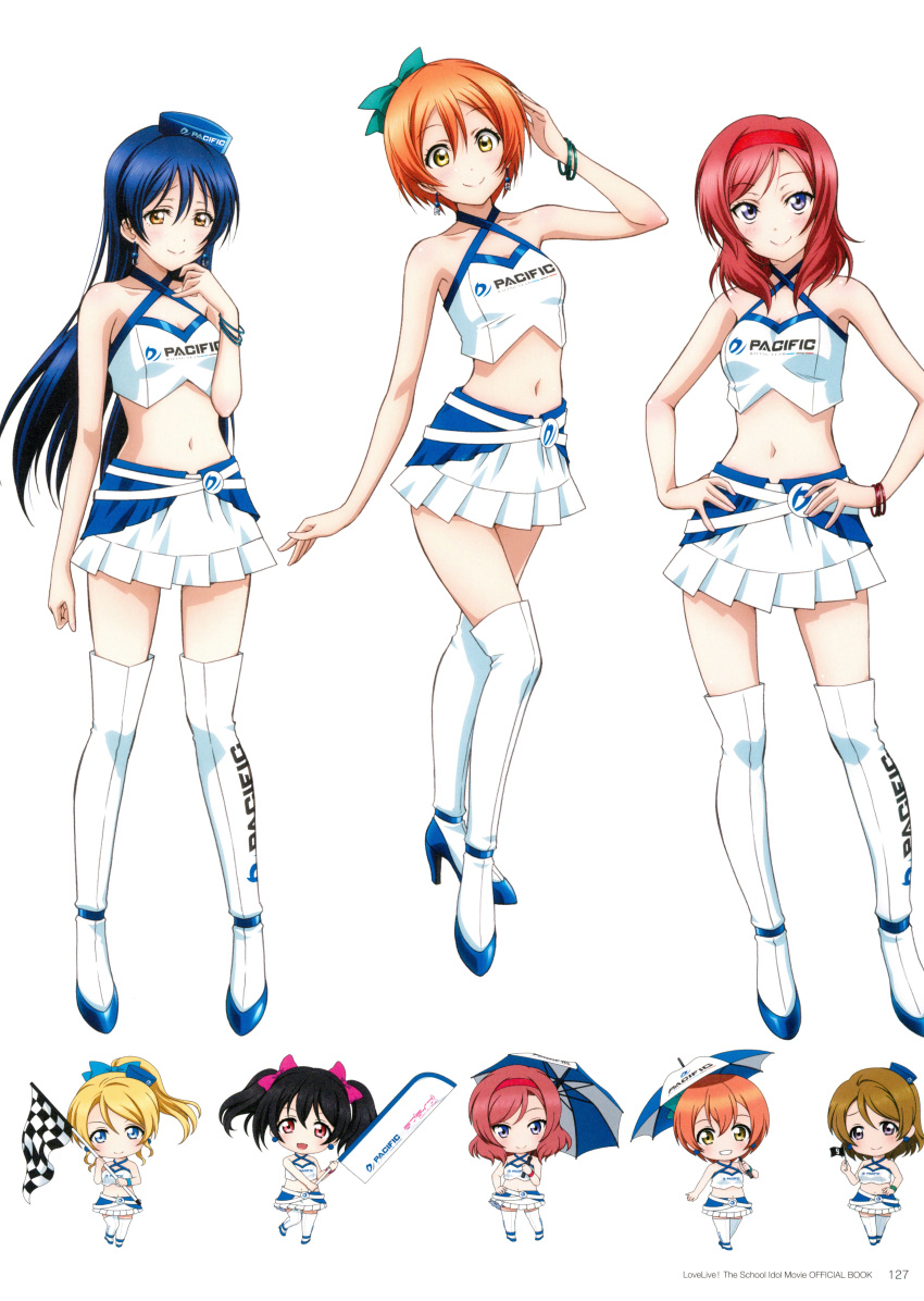 absurdres ayase_eli bangs bare_shoulders black_hair blonde_hair blue_eyes blue_hair blush boots bow bracelet brown_eyes chibi closed_mouth collarbone earrings eyebrows_visible_through_hair flag full_body hair_bow hair_ornament hairband halterneck hat highres hirayama_madoka holding hoshizora_rin jewelry koizumi_hanayo logo long_hair looking_at_viewer love_live! love_live!_school_idol_project midriff multiple_girls navel nishikino_maki official_art orange_hair page_number ponytail purple_eyes race_queen red_eyes red_hair scan short_hair simple_background skirt sleeveless smile sonoda_umi standing thigh_boots thighhighs twintails umbrella white_background yazawa_nico zettai_ryouiki