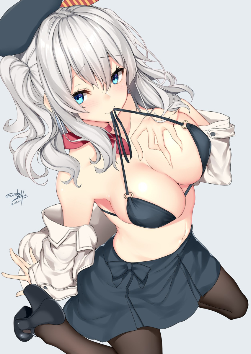 beret black_bikini_top black_footwear black_hat black_legwear blue_eyes blue_skirt blush breasts cleavage collarbone dated deep_skin eyebrows_visible_through_hair from_above grey_background hand_on_own_chest hat high_heels highres kantai_collection kashima_(kantai_collection) large_breasts long_hair looking_at_viewer looking_up mouth_hold nebusoku neckerchief o-ring o-ring_top open_clothes open_shirt red_neckwear self_fondle shoes silver_hair simple_background sitting skirt smile solo twintails twitter_username wariza