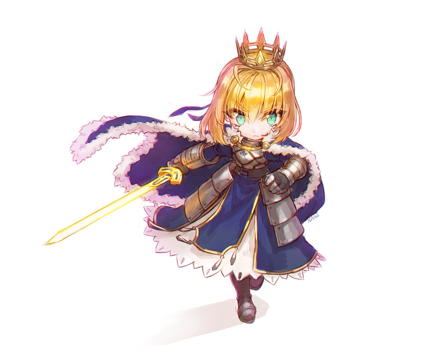 &gt;:&lt; :&lt; ahoge armor armored_dress artoria_pendragon_(all) blonde_hair chibi chromatic_aberration commentary_request crown fate/grand_order fate/stay_night fate_(series) full_body gauntlets green_eyes hair_bun hair_ribbon highres holding holding_sword holding_weapon korean_commentary looking_at_viewer nagi_(ganaaa_) ribbon saber solo sword weapon