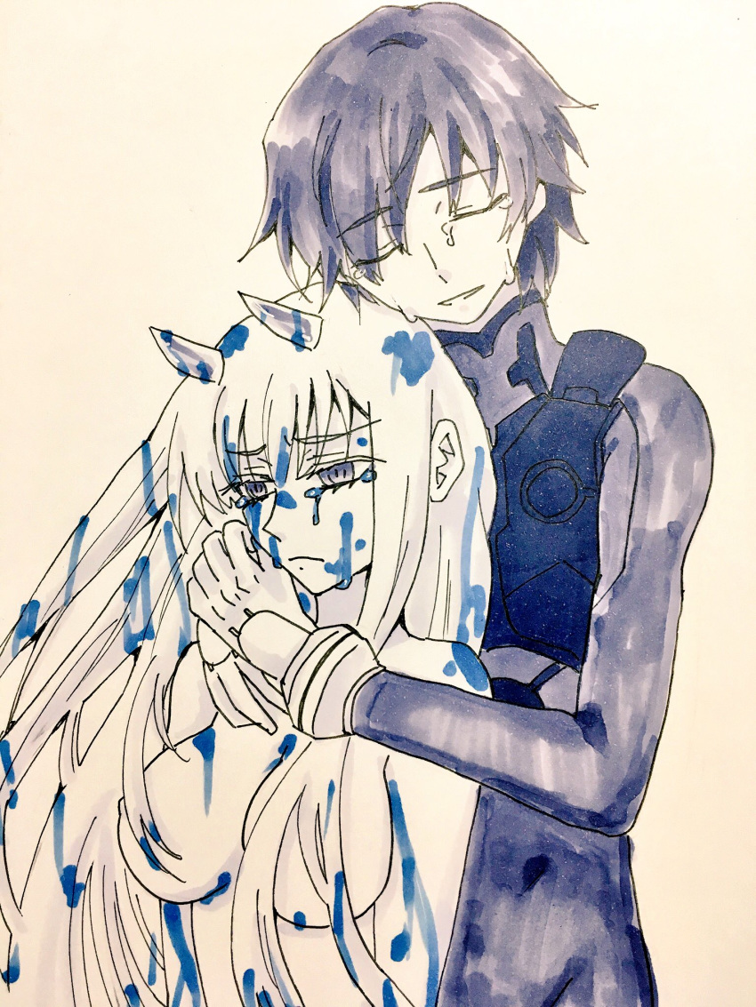 1boy 1girl bad_hands bad_proportions bodysuit breasts couple darling_in_the_franxx dmhitsuji erect_nipples eyebrows_visible_through_hair eyes_closed gloves hiro_(darling_in_the_franxx) horns hug_from_behind long_hair medium_breasts nipples oni_horns pilot_suit poorly_drawn short_hair tears thighhighs zero_two_(darling_in_the_franxx)