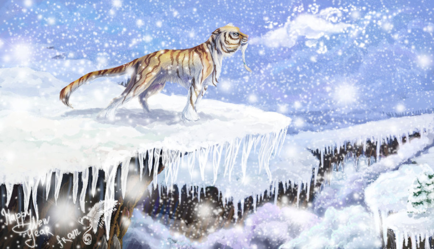 2009 ambiguous_gender day detailed_background digital_media_(artwork) feline feral mammal neboveria outside sky snow solo standing tiger