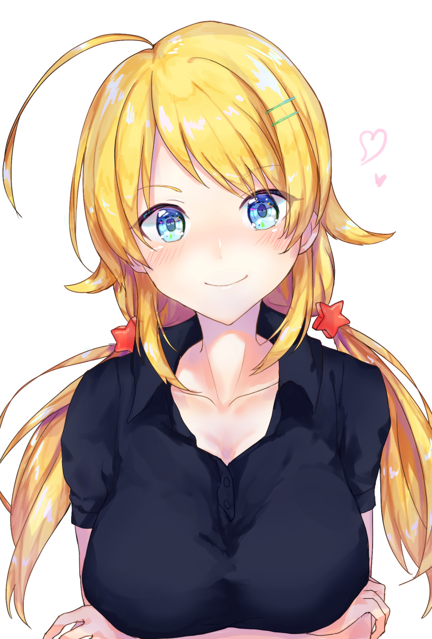 ahoge bangs blonde_hair blue_eyes blush breasts commentary_request crossed_arms eyebrows_visible_through_hair hachimiya_meguru hair_ornament hairclip highres idolmaster idolmaster_shiny_colors large_breasts long_hair looking_at_viewer low_twintails mochiazarashi open_mouth smile solo twintails