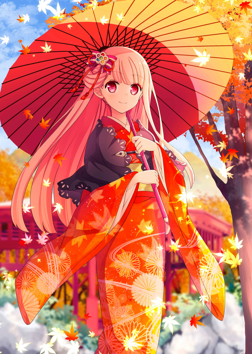 absurdres autumn_leaves bangs blue_sky blunt_bangs brown_hair day eyebrows_visible_through_hair floating_hair goma_(11zihisin) hair_ornament highres holding holding_umbrella japanese_clothes kimono leaf leaf_print long_hair looking_at_viewer maple_leaf orange_kimono orange_umbrella oriental_umbrella original outdoors red_eyes sky smile solo standing tree umbrella very_long_hair yukata