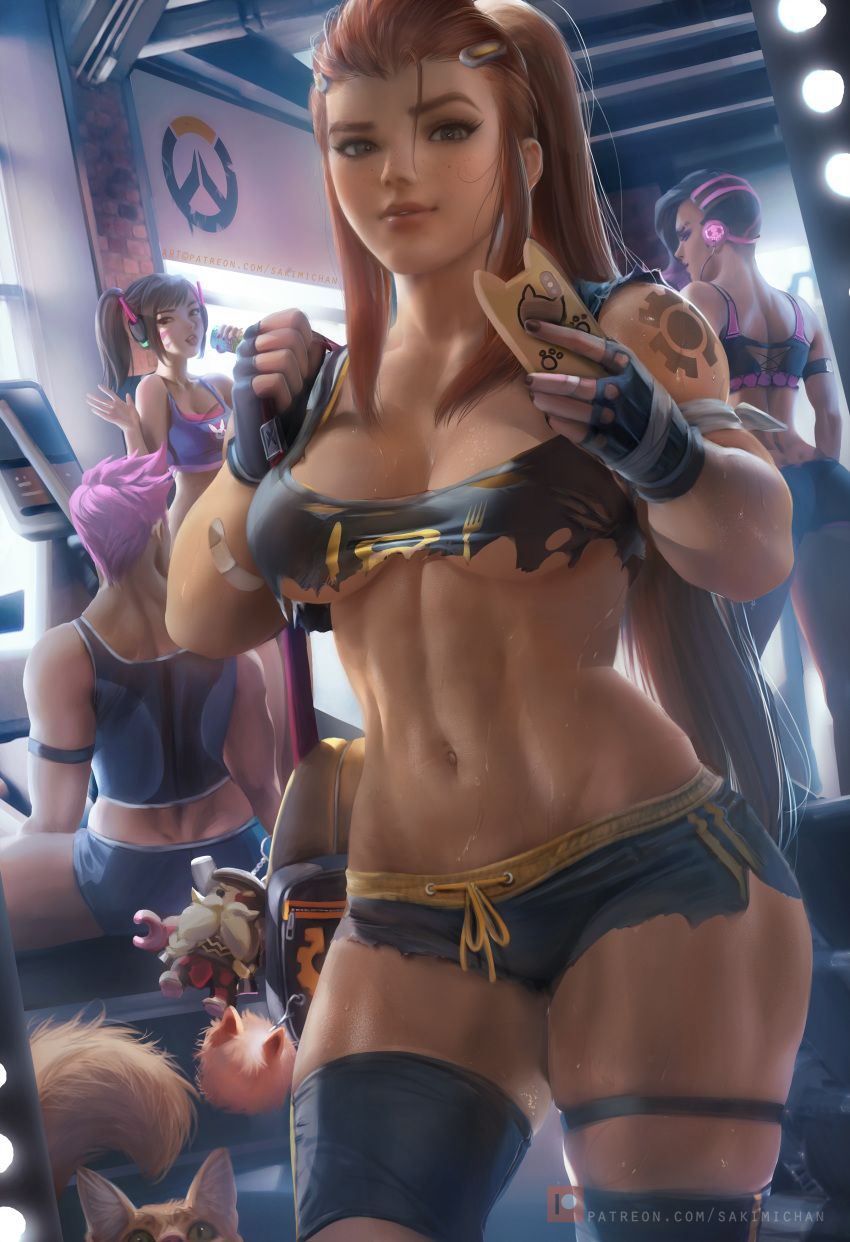 ass bandaid brigitte_(overwatch) cleavage d.va garter gym_uniform headphones official_watermark overwatch possible_duplicate sakimichan sombra tattoo torn_clothes underboob zarya