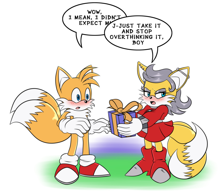 anthro blue_eyes blush canine clothing crossgender duo female fox fur gloves hyoumaru mammal miles_(anti-tails) miles_prower sonic_(series) tsundere video_games