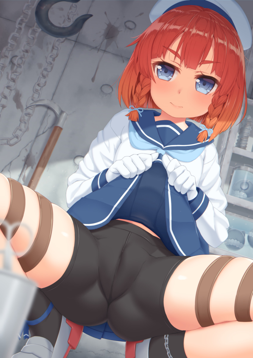 3: ass bike_shorts blue_eyes blue_skirt braid chain commentary_request crotch_seam dutch_angle etorofu_(kantai_collection) eyebrows_visible_through_hair hat highres hook kantai_collection lifted_by_self looking_at_viewer pleated_skirt red_hair school_uniform serafuku shinkaisei-kan short_hair shorts shorts_under_skirt sickle skirt skirt_lift solo spread_legs squatting tachimi_(basue) thick_eyebrows thigh_strap twin_braids white_background