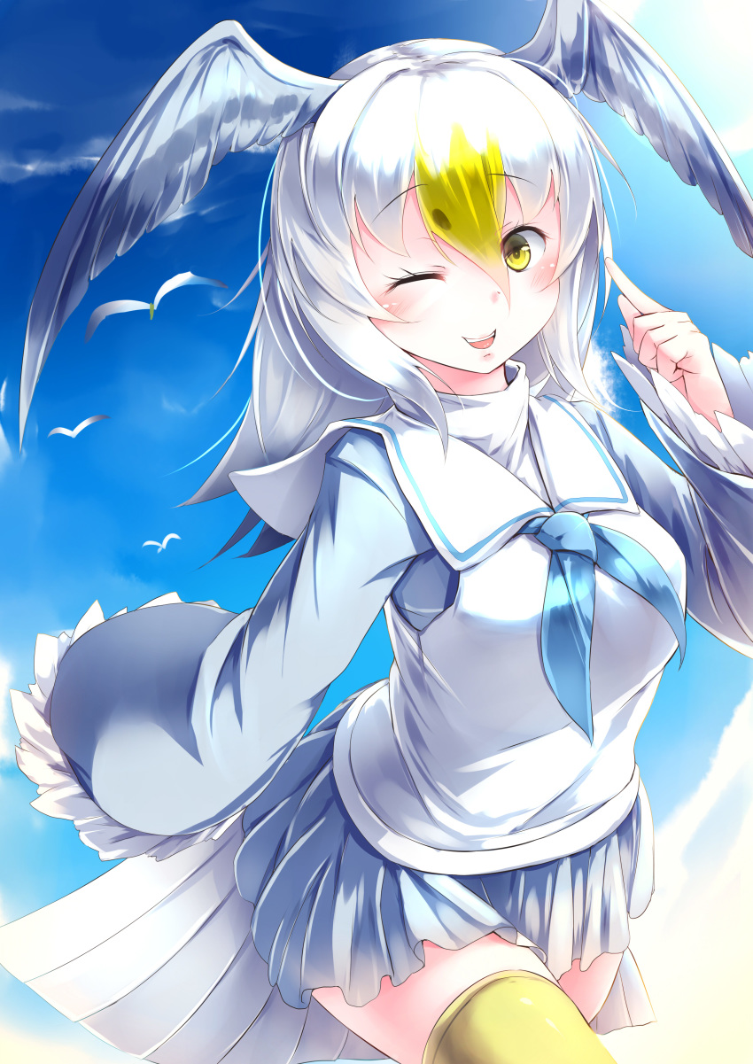 ;d absurdres bird bird_tail bird_wings blonde_hair blue_sky cloud commentary common_gull_(kemono_friends) day frilled_sleeves frills hair_between_eyes head_wings highres kanzakietc kemono_friends long_hair long_sleeves looking_at_viewer multicolored_hair neckerchief one_eye_closed open_mouth pleated_skirt pointing pointing_at_self sailor_collar seagull skirt sky smile solo thighhighs vest white_hair wide_sleeves wings yellow_legwear