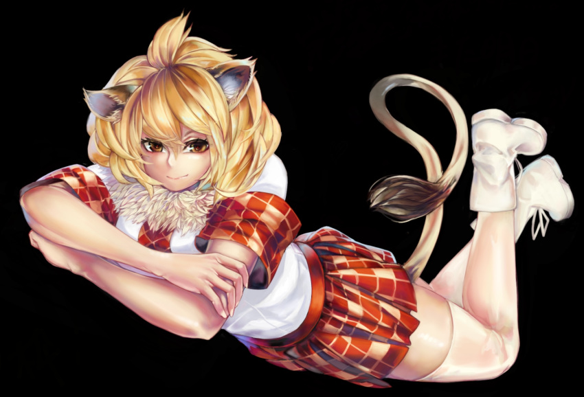 animal_ears arm_support bangs bare_arms black_background blonde_hair brown_eyes closed_mouth commentary_request dutch_angle feet_up full_body fur_collar hair_between_eyes hand_on_own_arm head_tilt kemono_friends lion_(kemono_friends) lion_ears lion_tail looking_at_viewer lying medium_hair necktie on_stomach plaid plaid_neckwear plaid_skirt plaid_sleeves red_skirt shirasu_(19san) shirt shoes short_sleeves simple_background skirt smile solo tail thighhighs white_footwear white_shirt zettai_ryouiki