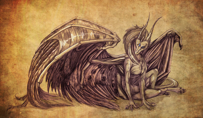 2009 ambiguous_gender claws digital_media_(artwork) dragon hair horn membranous_wings neboveria simple_background sitting wings