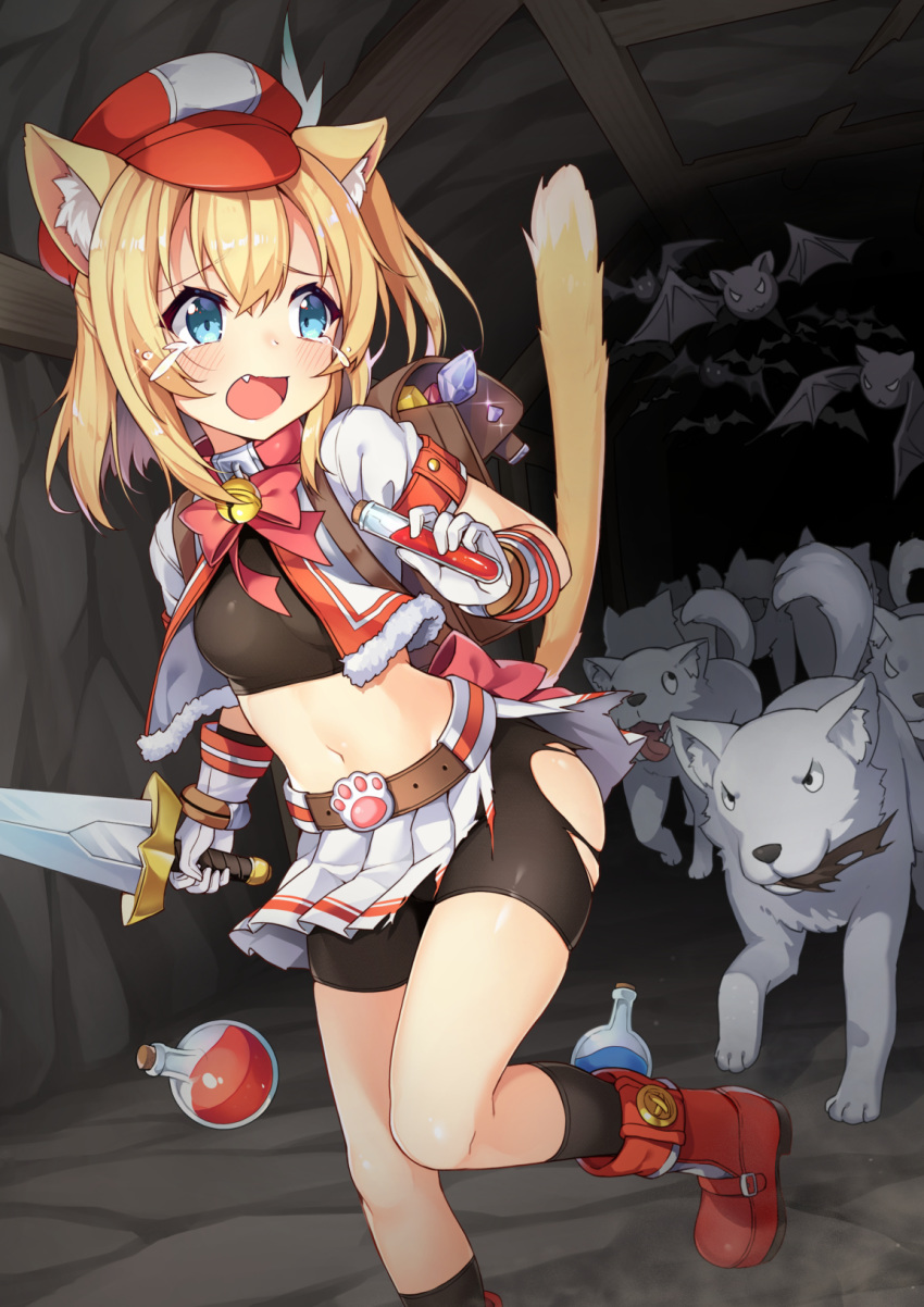 3.14 animal animal_ears backpack bag bat bell belt bike_shorts blonde_hair blue_eyes blush boots breasts cat_ears cat_girl cat_tail commentary_request crop_top cropped_jacket crystal dog fang fleeing gloves hat highres holding holding_sword holding_weapon kneehighs looking_back miniskirt navel open_mouth original potion running scared short_hair short_sleeves skirt small_breasts solo sword tail tail_raised tears test_tube torn_bike_shorts torn_clothes torn_skirt weapon